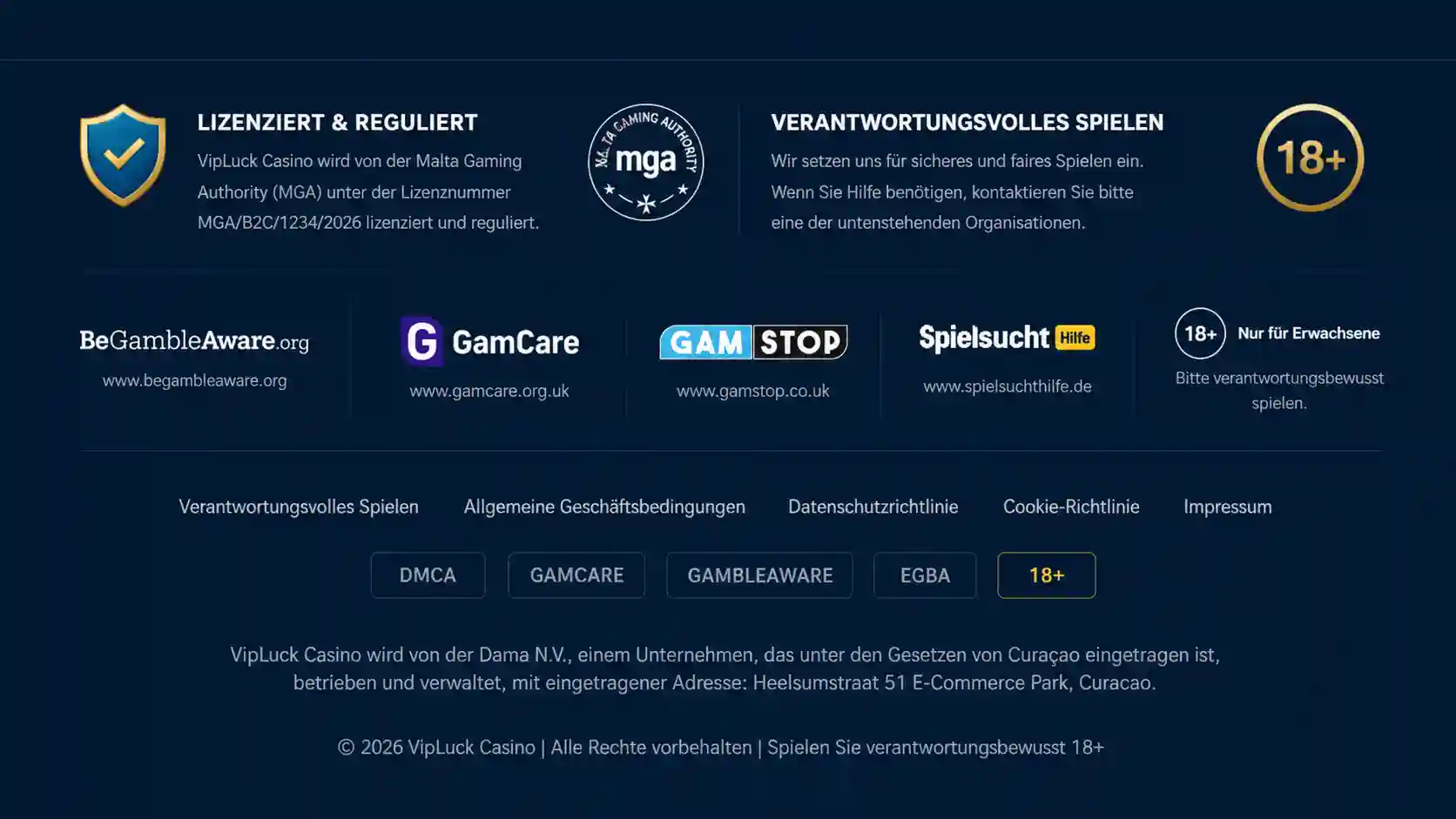 Lizenzangaben und Footer-Informationen der VipLuck-Website