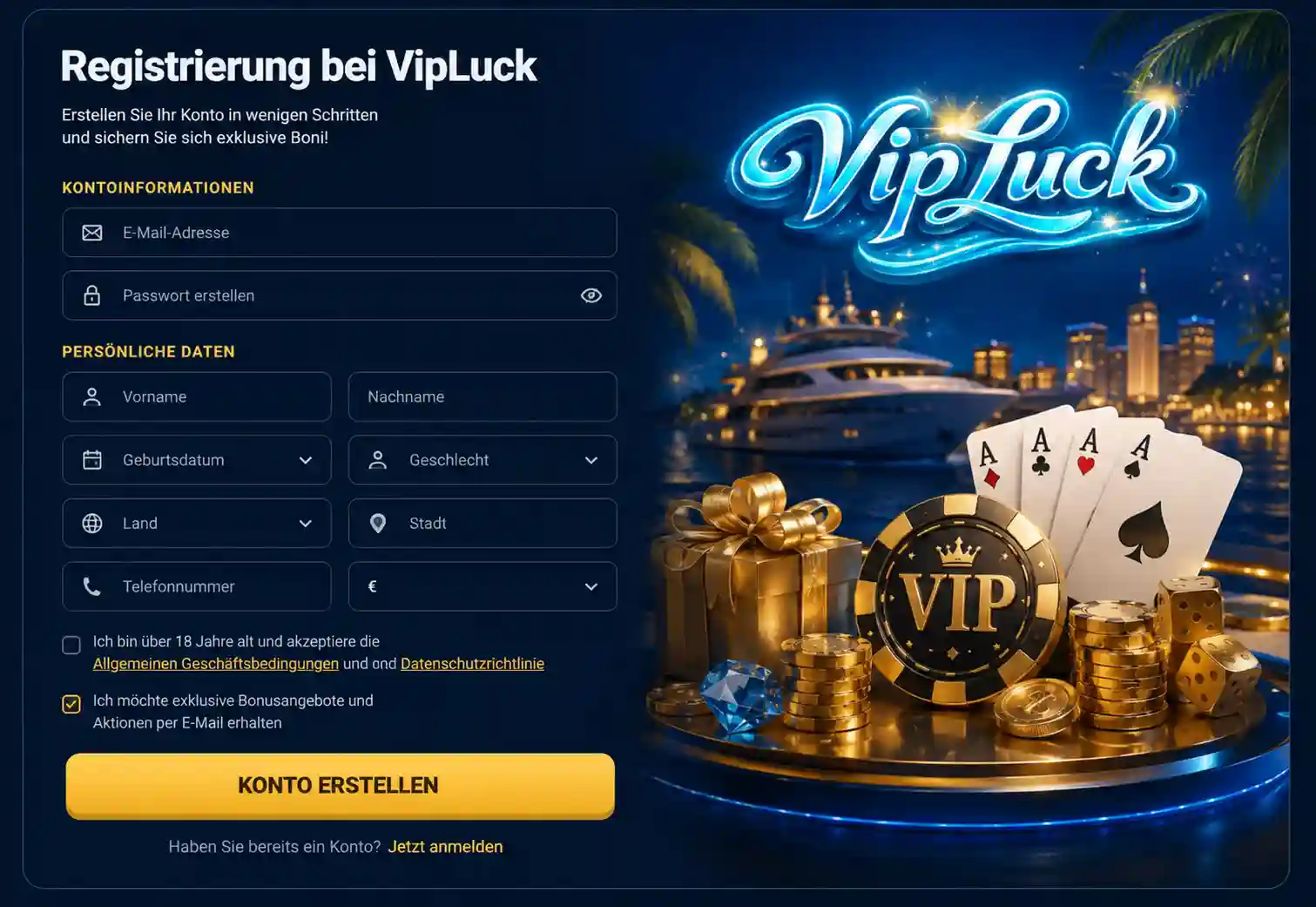 Registrierungsformular von VipLuck Casino mit Eingabefeldern für E-Mail und Passwort