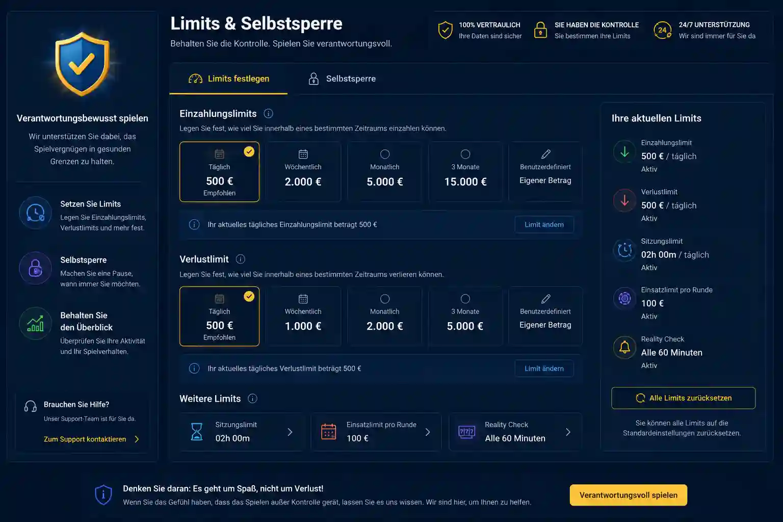 Einstellungsbereich für Spielerschutz-Tools im VipLuck-Spielerkonto