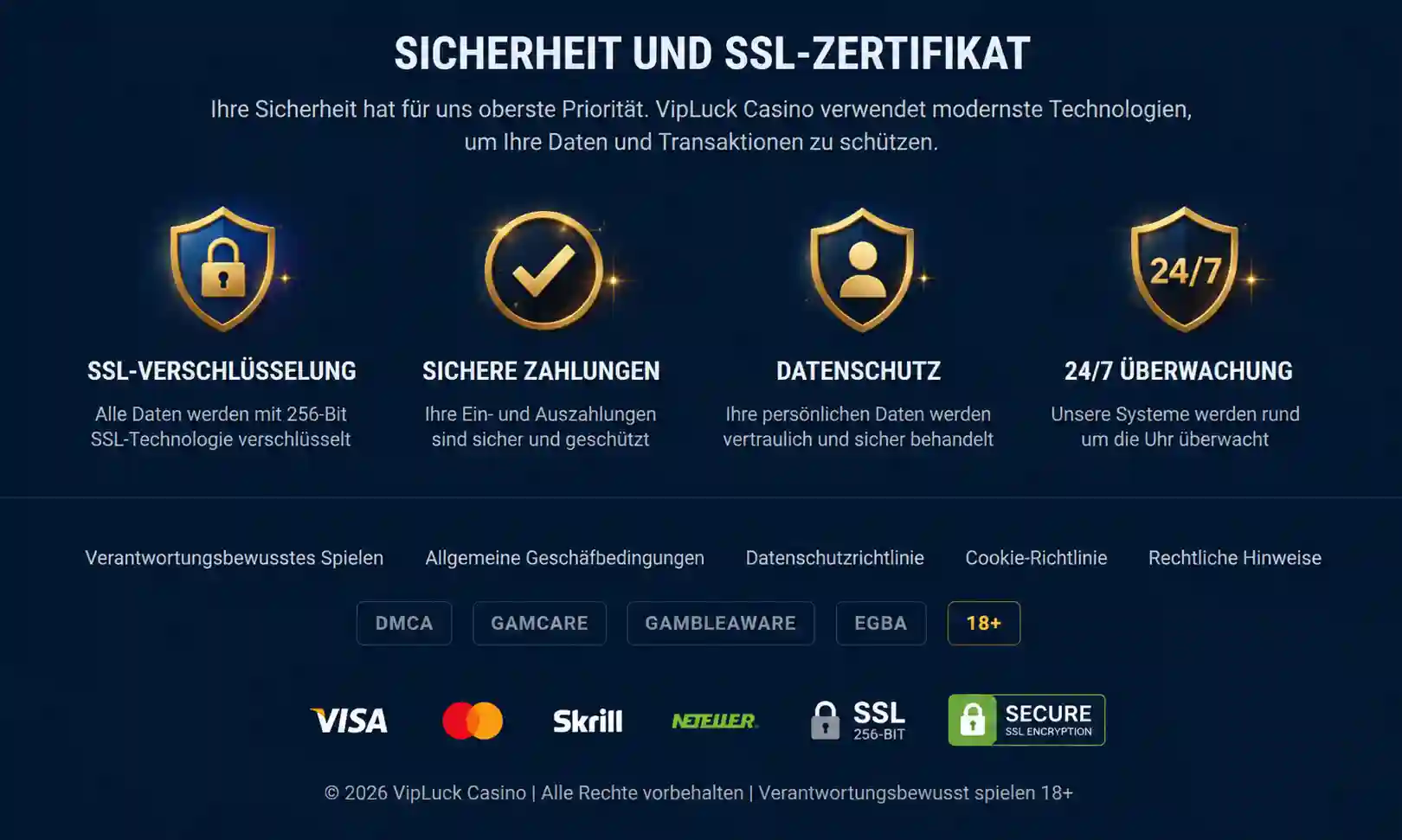 Sicherheitssymbole und SSL-Zertifikat im Footer der VipLuck-Website